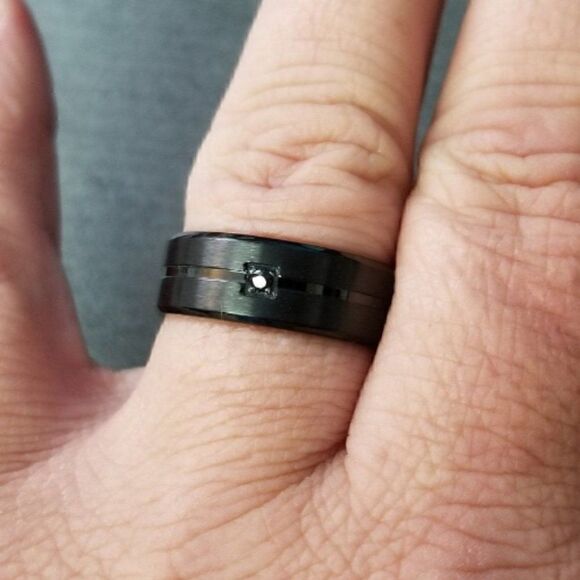 Matte Black Grooved With Black Jewel Wedding Ring Band - Wedding Ring For Him - Picture 3 of 5